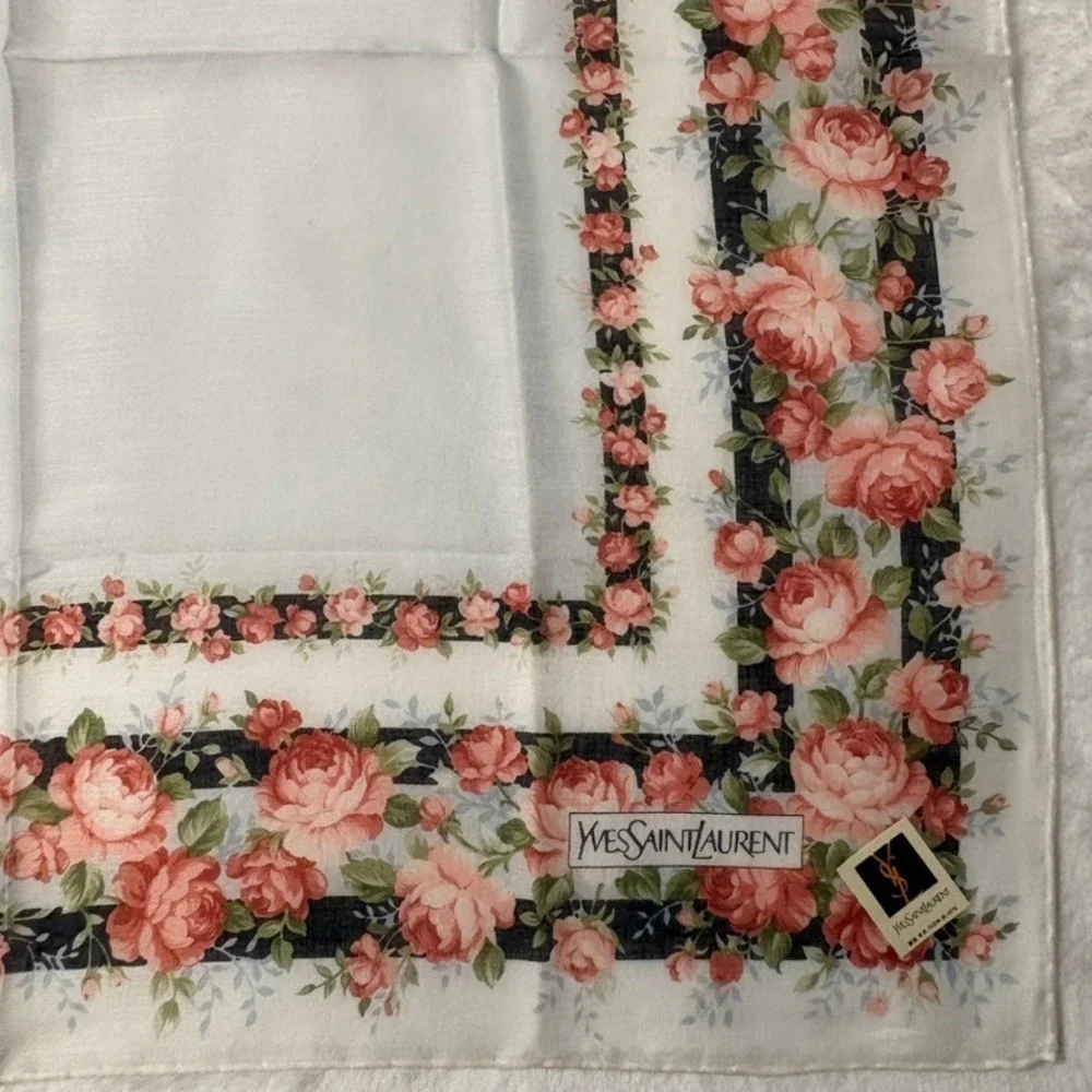 Vtg YVES SAINT LAURENT Scarf Handkerchief Floral Rose Cotton White 19.5